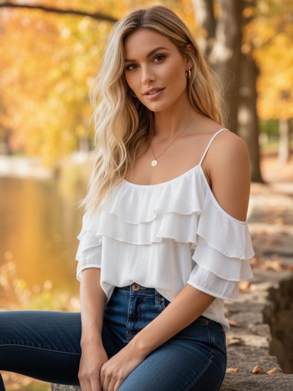 H&M White Cold-Shoulder Ruffle Camisole